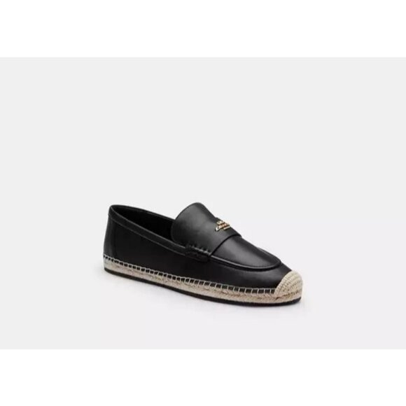 Coach Espadrille Loafers Shoes Women’s Size 10 Black Leather Jute Trim Slip-On - Picture 1 of 6